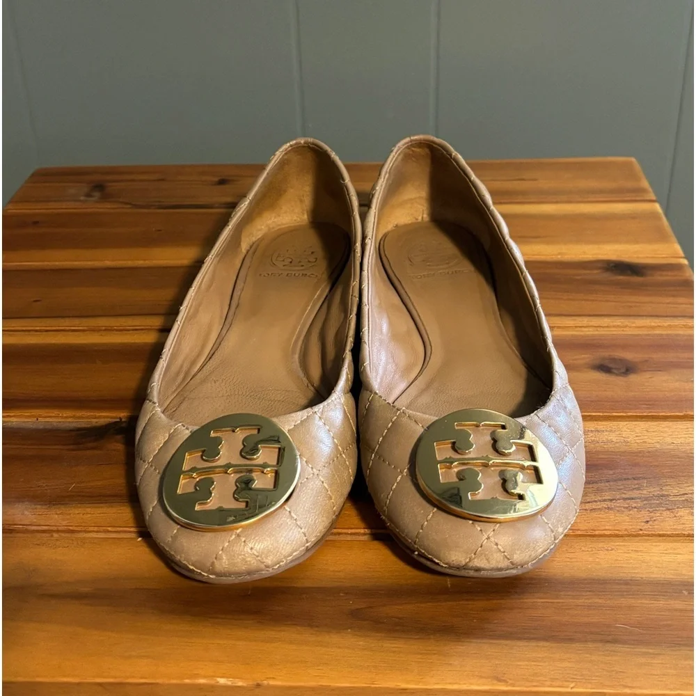 Tory Burch Quilted Taupe Leather Flats with Gold Logo Medallions